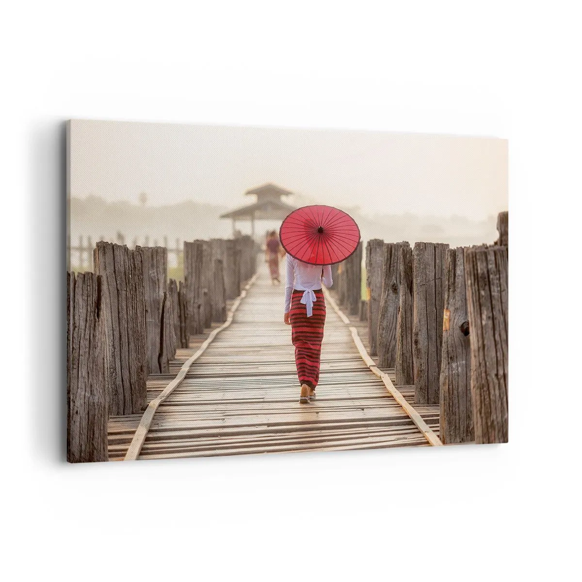 Impression sur toile - Image sur toile - Une femme avec un parapluie rouge sur un pont en bois - 100x70cm - Sur le vieux pont - Décoration murale moderne pour le salon et la chambre ARTTOR