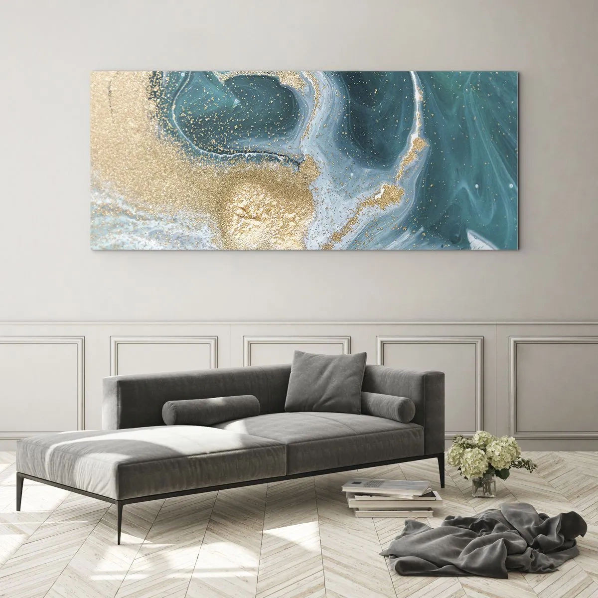 Impression sur verre - Image sur verre - Tourbillon d'or et de turquoise - 100x40 cm