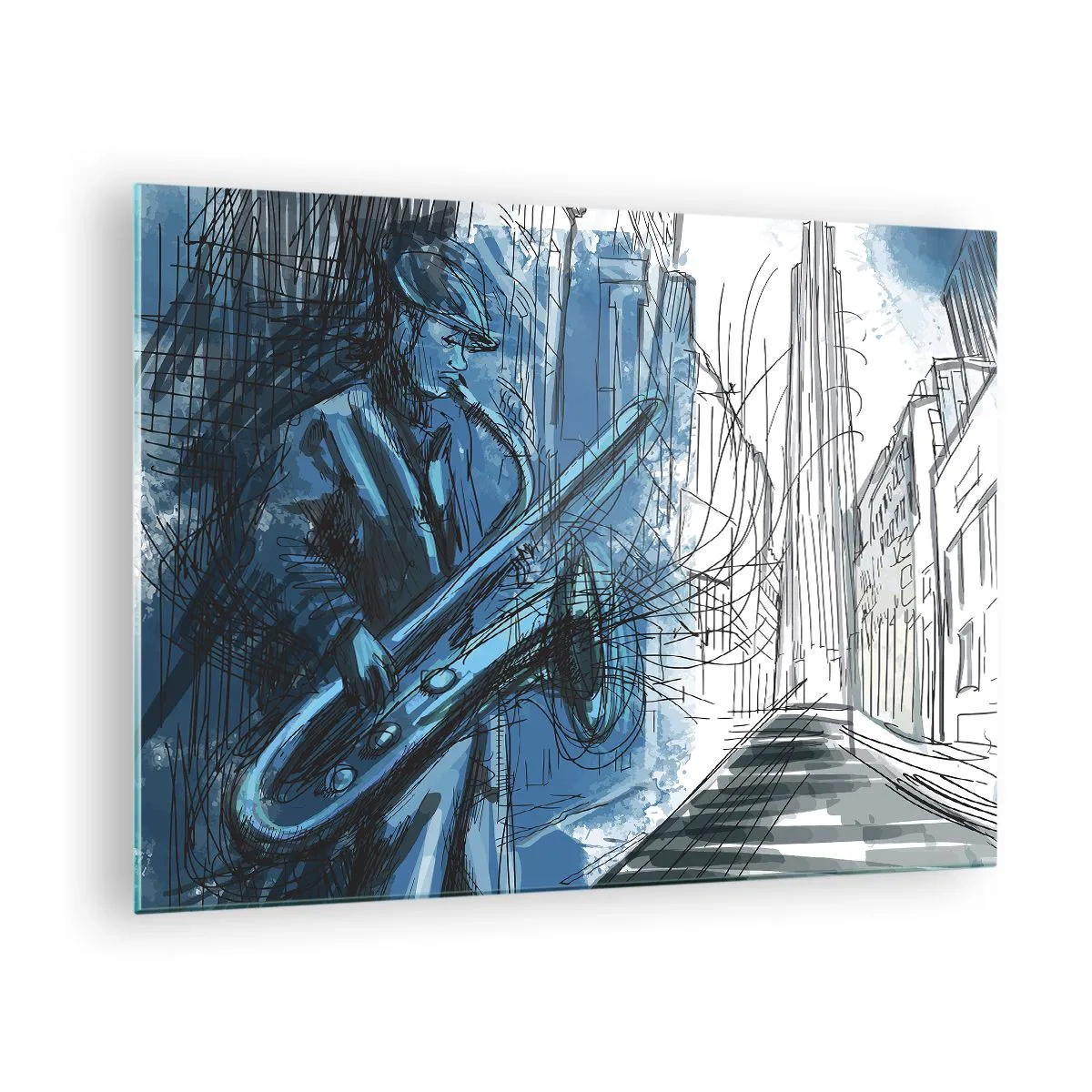 Impression sur verre - Image sur verre - Saxophoniste de jazz dans un décor urbain aux teintes bleues - 70x50cm - Rhapsodie urbaine - Décoration murale moderne pour le salon et la chambre ARTTOR