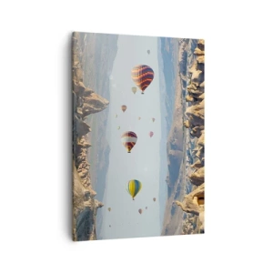 Impression sur toile - Image sur toile - Ballons colorés au-dessus d'un paysage rocheux - 50x70cm - Ici, tout est possible - Décoration murale moderne pour le salon et la chambre ARTTOR