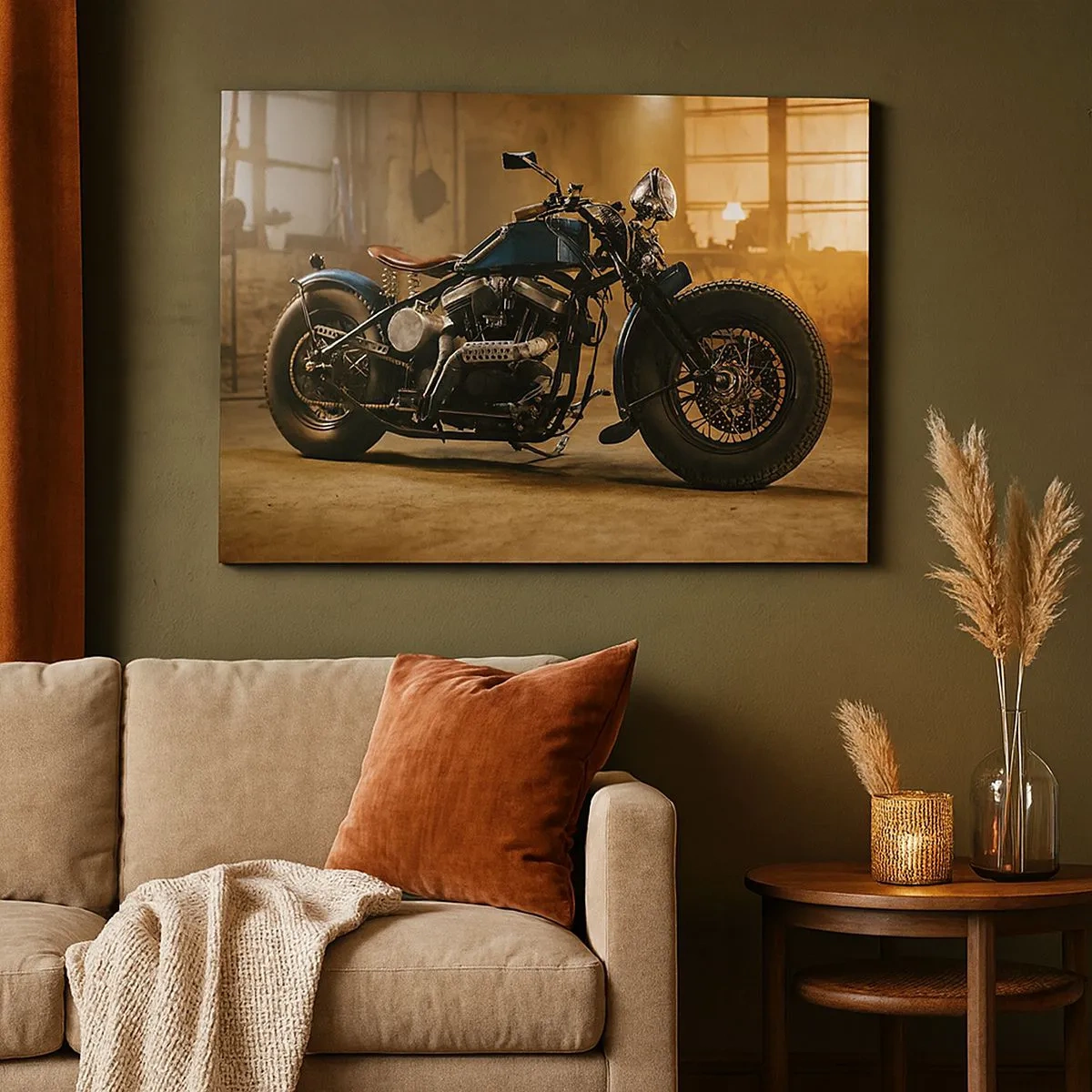 Impression sur toile - Image sur toile - Une moto élégante dans un intérieur industriel avec un éclairage chaleureux - 70x50cm - Je peux tout - Décoration murale moderne pour le salon et la chambre ARTTOR