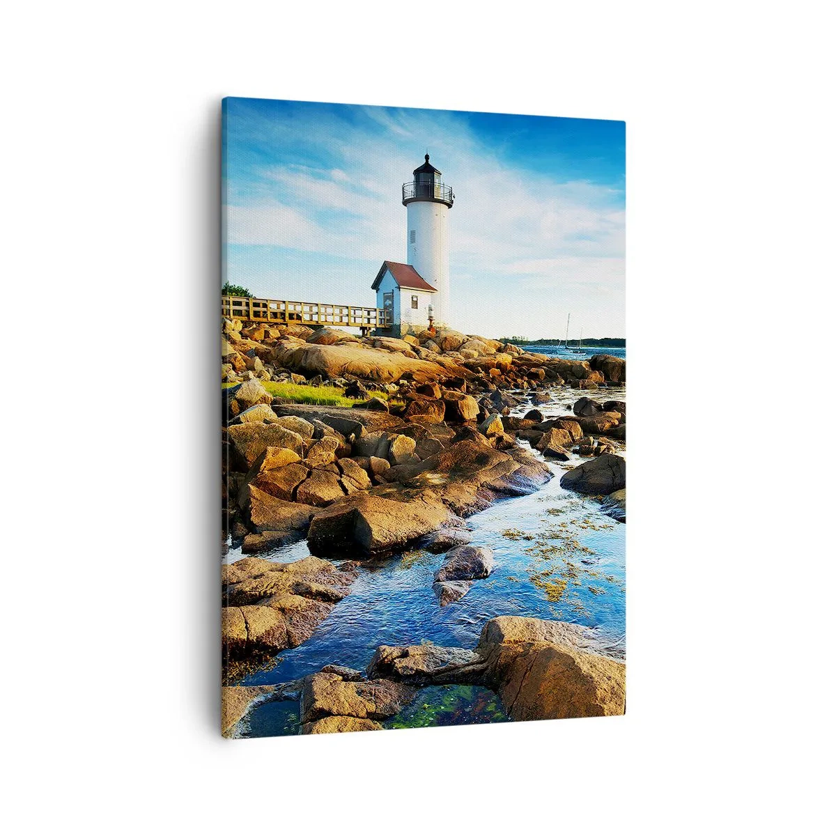 Impression sur toile - Image sur toile - Un phare sur une côte rocheuse par une journée ensoleillée - 50x70cm - Revenez heureux, j'attends - Décoration murale moderne pour le salon et la chambre ARTTOR