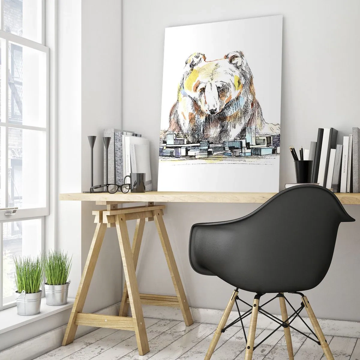 Impression sur verre - Image sur verre - Illustration d'un ours avec des détails et des blocs colorés - 70x100cm - Comment peut-on vivre ainsi ? - Décoration murale moderne pour le salon et la chambre ARTTOR