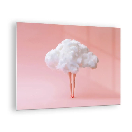 Impression sur verre - Image sur verre - Une silhouette de femme avec un nuage au lieu d'une robe sur un fond rose pastel. - 70x50cm - Douce promesse - Décoration murale moderne pour le salon et la chambre ARTTOR