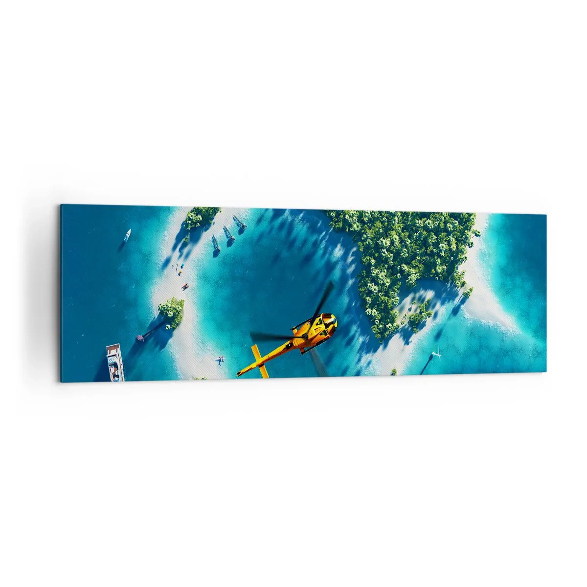 Impression sur toile - Image sur toile - Une île tropicale entourée d'eau turquoise avec un hélicoptère en vue - 160x50cm - Achetez-vous une île - Décoration murale moderne pour le salon et la chambre ARTTOR