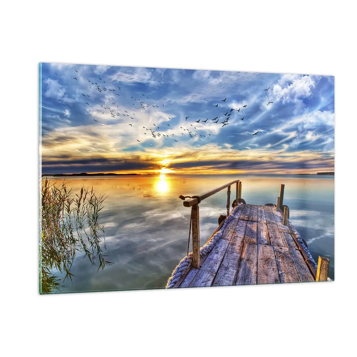 Impression sur verre - Image sur verre - Jetée au bord du lac au coucher du soleil avec des oiseaux dans le ciel - 120x80cm - Le vent se repose - Décoration murale moderne pour le salon et la chambre ARTTOR