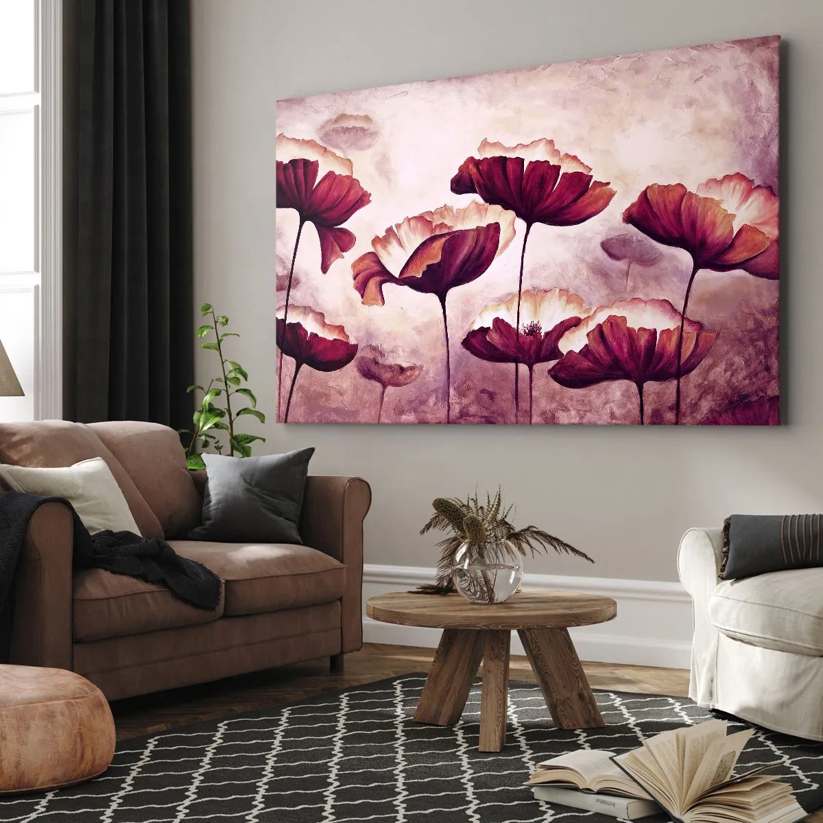 Impression sur toile - Image sur toile - Fleurs aux tons rouges et blancs sur un fond subtil - 100x70cm - Pétale rouge et blanc - Décoration murale moderne pour le salon et la chambre ARTTOR