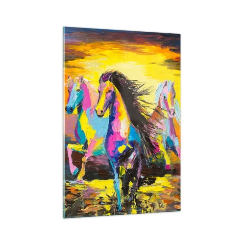 Impression sur verre - Image sur verre - Chevaux colorés galopant sur fond de soleil couchant - 70x100cm - Immergé dans l'arc-en-ciel - Décoration murale moderne pour le salon et la chambre ARTTOR