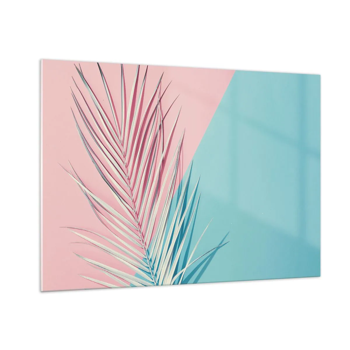 Impression sur verre - Image sur verre - Une feuille de palmier sur un fond pastel dans une composition géométrique - 100x70cm - Impression tropicale - Décoration murale moderne pour le salon et la chambre ARTTOR