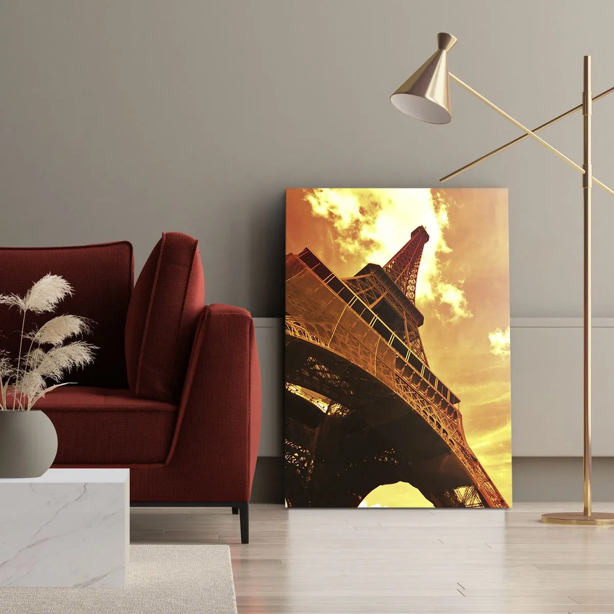 Impression sur toile - Image sur toile - La Tour Eiffel contre un ciel doré au coucher du soleil - 70x100cm - Monumental, car il est doré par le soleil - Décoration murale moderne pour le salon et la chambre ARTTOR