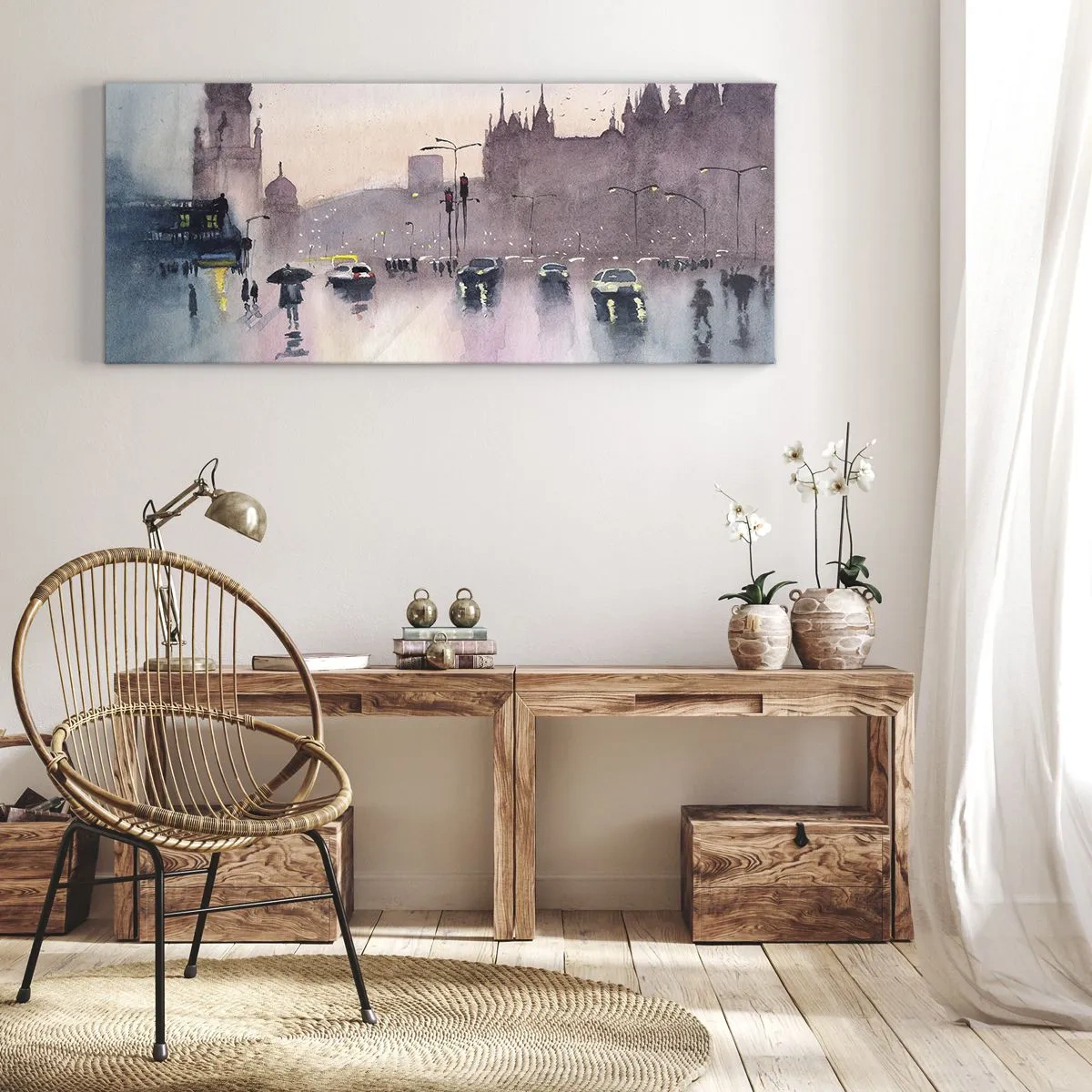 Impression sur toile - Image sur toile - Une rue de la ville au crépuscule dans un style aquarelle - 120x50cm - Dans une brume pluvieuse - Décoration murale moderne pour le salon et la chambre ARTTOR