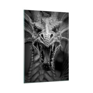Impression sur verre - Image sur verre - Une tête de dragon menaçante en noir et blanc avec des détails expressifs. - 80x120cm - Un dragon imaginaire grisâtre - Décoration murale moderne pour le salon et la chambre ARTTOR