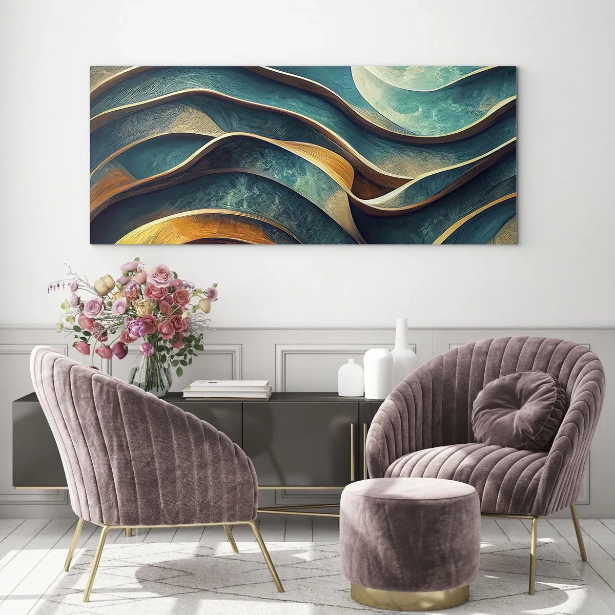 Impression sur verre - Image sur verre - Vagues abstraites dans des tons turquoise et or - 120x50cm - Méandres de bleu - Décoration murale moderne pour le salon et la chambre ARTTOR