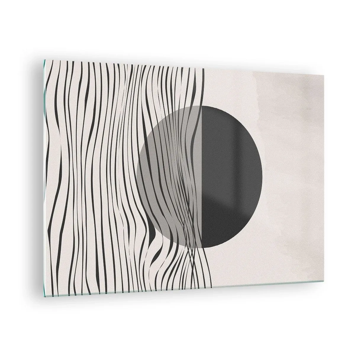 Impression sur verre - Image sur verre - Des vagues noires et un cercle sur fond beige - 70x50cm - Demi composition - Décoration murale moderne pour le salon et la chambre ARTTOR