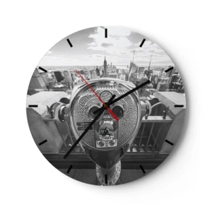 Horloge murale - Pendule murale - Jumelles de tourisme pointées sur la skyline de New York - 30x30cm - Ville sur les villes - Décoration murale moderne pour le salon, la cuisine et la chambre ARTTOR