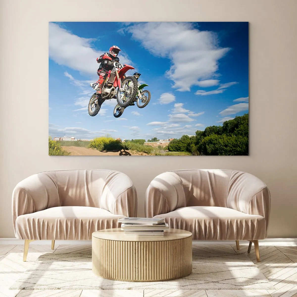 Impression sur verre - Image sur verre - Un pilote de moto en vol contre un ciel bleu - 70x50cm - Saut en parachute - Décoration murale moderne pour le salon et la chambre ARTTOR