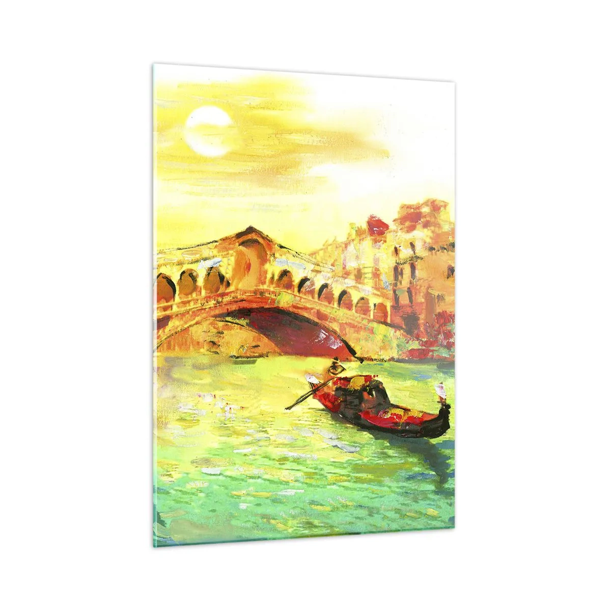 Impression sur verre - Image sur verre - Canal avec gondole et pont sous les rayons du soleil couchant - 50x70cm - Un pèlerinage d'amoureux - Décoration murale moderne pour le salon et la chambre ARTTOR