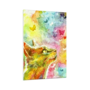 Impression sur verre - Image sur verre - Un chat entouré de papillons colorés - 70x100cm - Bayou-bayou au paradis des chats - Décoration murale moderne pour le salon et la chambre ARTTOR