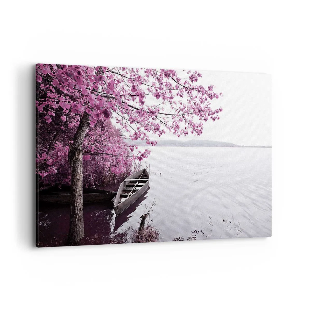 Impression sur toile - Image sur toile - Un bateau au bord d'un lac parmi des arbres roses - 100x70cm - Dans un silence rose - Décoration murale moderne pour le salon et la chambre ARTTOR