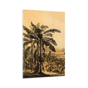 Impression sur verre - Image sur verre - Dessin de bananiers sur fond de paysage tropical - 70x100cm - Dans un climat colonial - Décoration murale moderne pour le salon et la chambre ARTTOR