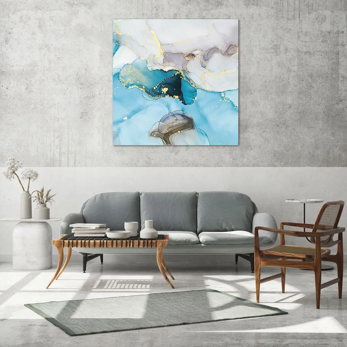 Impression sur verre - Image sur verre - Etude de la rencontre gris et turquoise - 50x50 cm