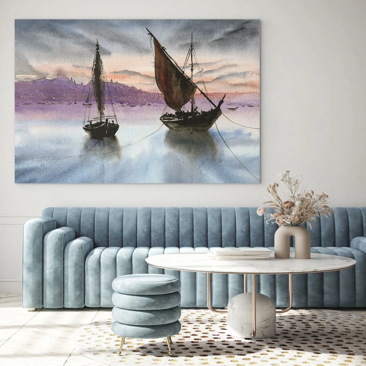 Impression sur verre - Image sur verre - Deux voiliers sur une eau calme au coucher du soleil - 120x80cm - Soirée au port - Décoration murale moderne pour le salon et la chambre ARTTOR
