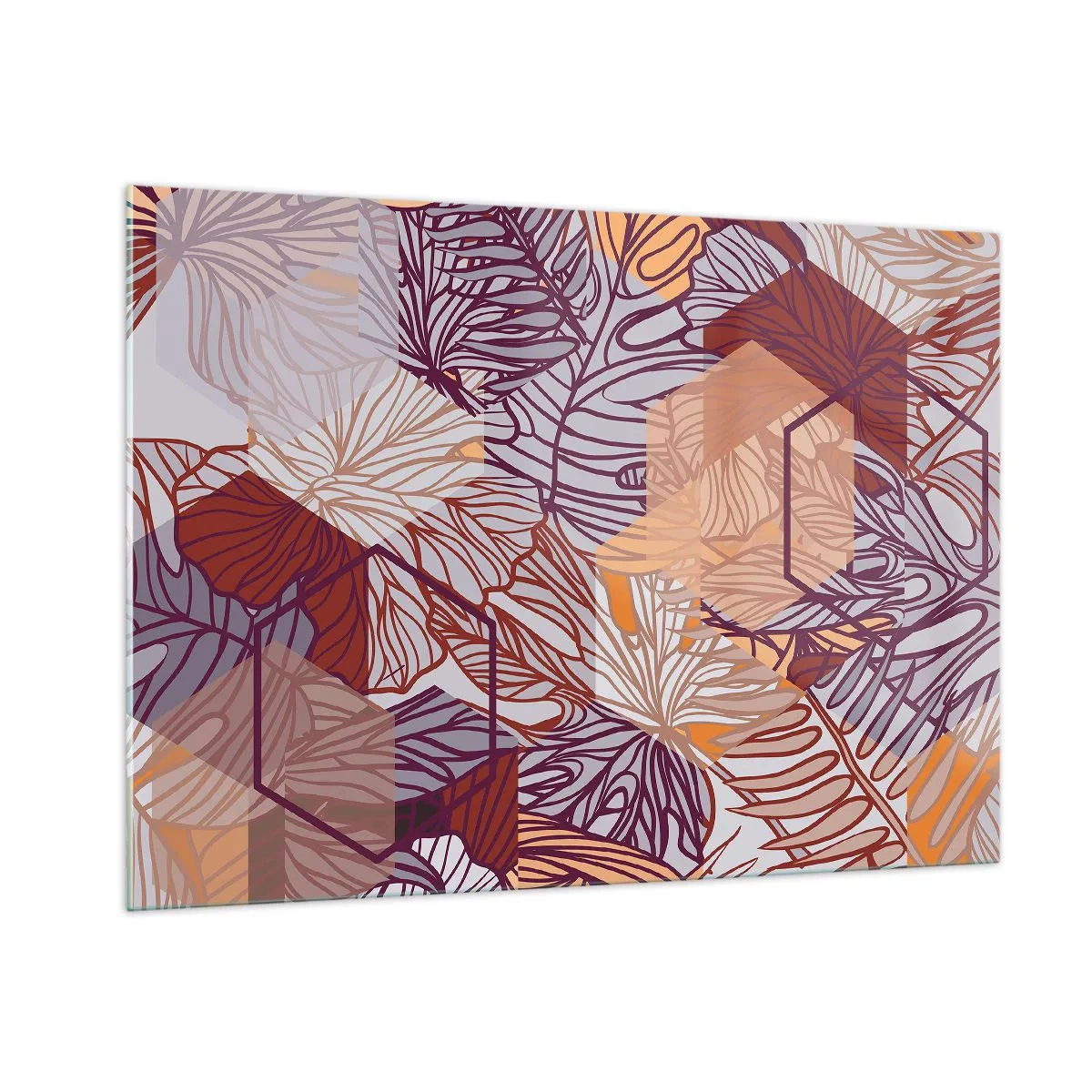 Impression sur verre - Image sur verre - Feuilles graphiques sur fond de formes géométriques - 100x70cm - Relation impossible entre la géométrie et la nature - Décoration murale moderne pour le salon et la chambre ARTTOR