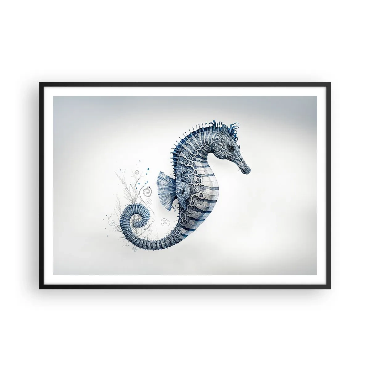 Affiche dans un cadre noir - Poster - Hippocampe dans des tons de bleu avec des détails à l'aquarelle - 100x70cm - Une subtile plaisanterie de la nature - Décoration murale moderne pour le salon et la chambre ARTTOR
