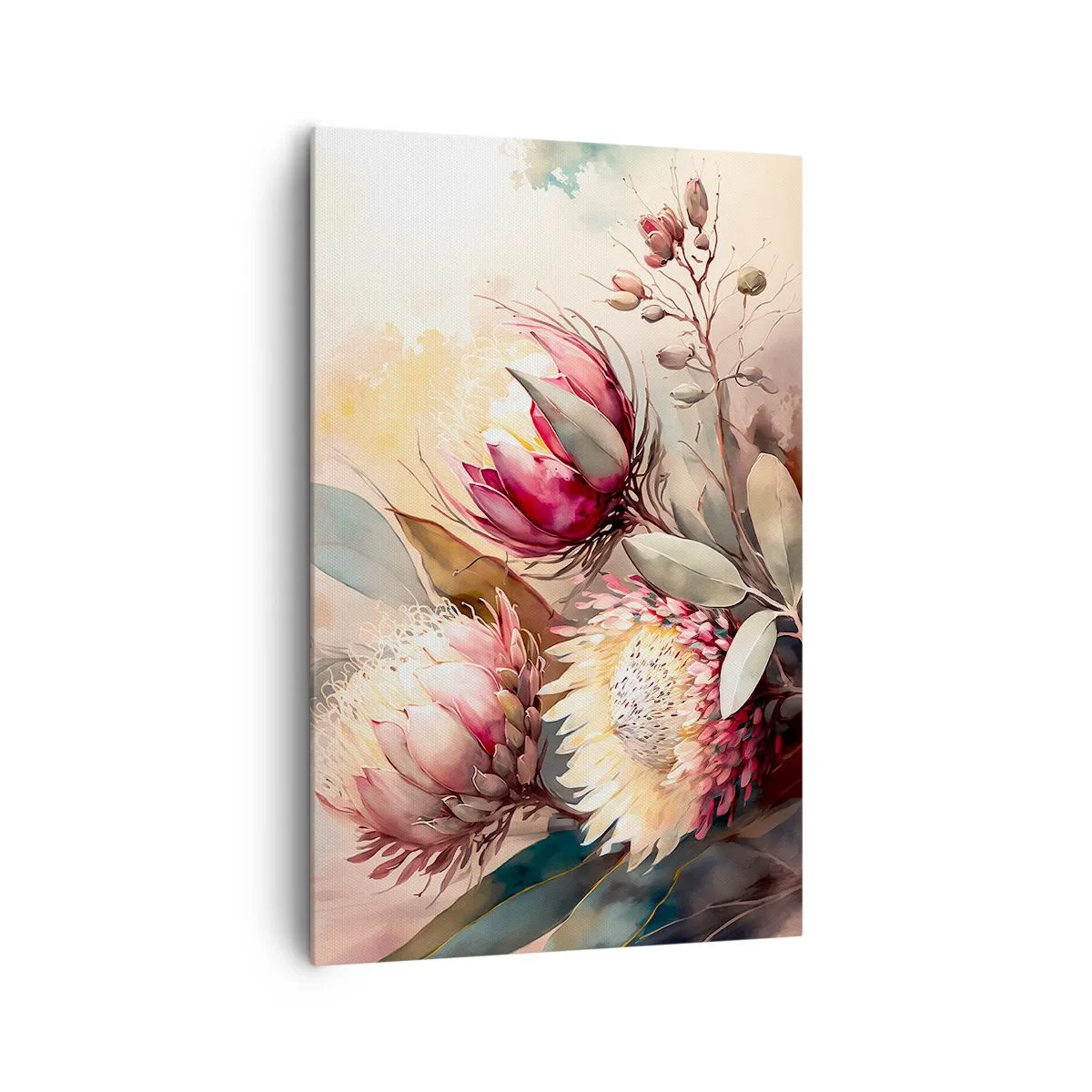 Impression sur toile - Image sur toile - Fleurs de Protea aux tons pastel délicats - 80x120cm - De profil et de face - Décoration murale moderne pour le salon et la chambre ARTTOR