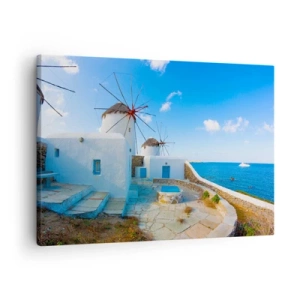 Impression sur toile - Image sur toile - Des moulins à vent blancs sur les rives de la mer bleue - 70x50cm - Le vent bleu de la mer - Décoration murale moderne pour le salon et la chambre ARTTOR