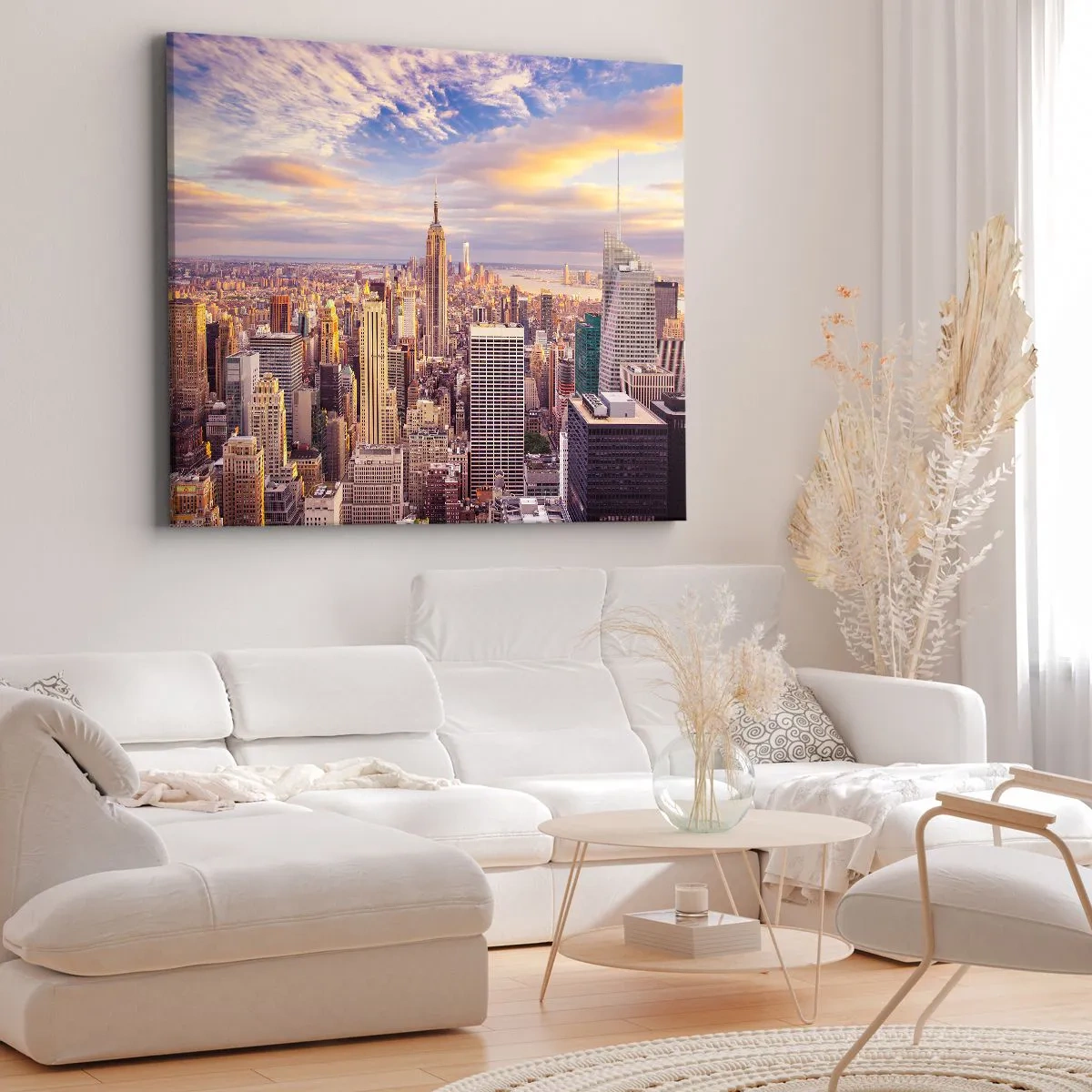 Impression sur toile - Image sur toile - Panorama d'une ville moderne avec des gratte-ciel au coucher du soleil - 70x50cm - Atteindre les nuages