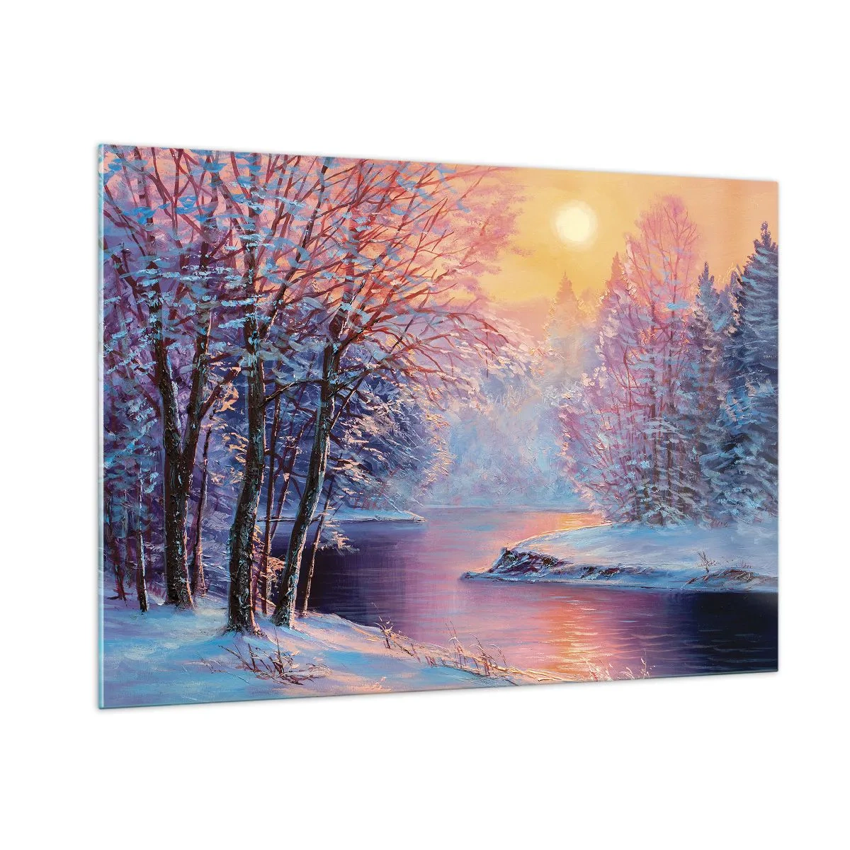 Impression sur verre - Image sur verre - Paysage d'hiver avec une rivière et un coucher de soleil - 100x70cm - Couleurs d'hiver - Décoration murale moderne pour le salon et la chambre ARTTOR