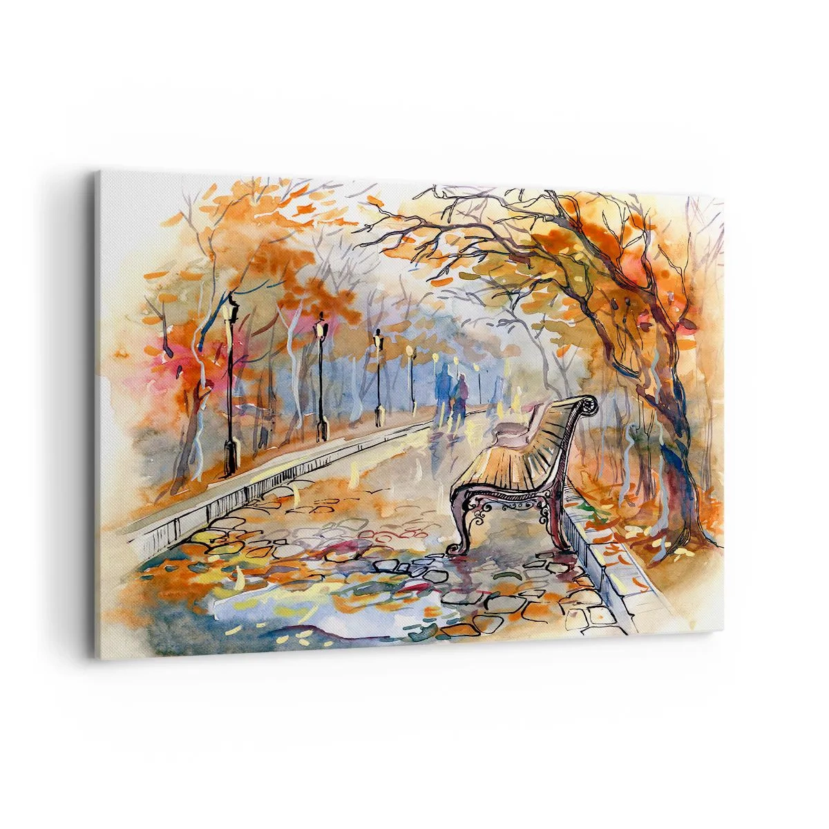 Impression sur toile - Image sur toile - Un parc d'automne avec un banc à l'aquarelle - 100x70cm - Errer ensemble à l'automne - Décoration murale moderne pour le salon et la chambre ARTTOR