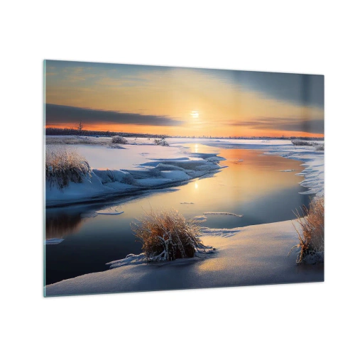 Impression sur verre - Image sur verre - Paysage d'hiver avec coucher de soleil sur une rivière gelée - 70x50cm - Coucher de soleil d'hiver - Décoration murale moderne pour le salon et la chambre ARTTOR