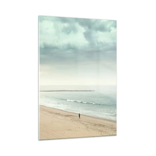 Impression sur verre - Image sur verre - Une silhouette se promenant sur une plage déserte au bord d'une mer calme - 50x70cm - à la recherche de la paix - Décoration murale moderne pour le salon et la chambre ARTTOR