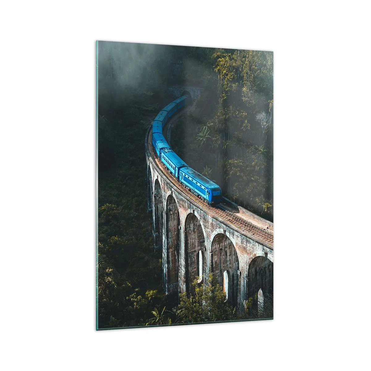 Impression sur verre - Image sur verre - Un train bleu sur un viaduc historique au milieu des forêts - 70x100cm - Train nature - Décoration murale moderne pour le salon et la chambre ARTTOR