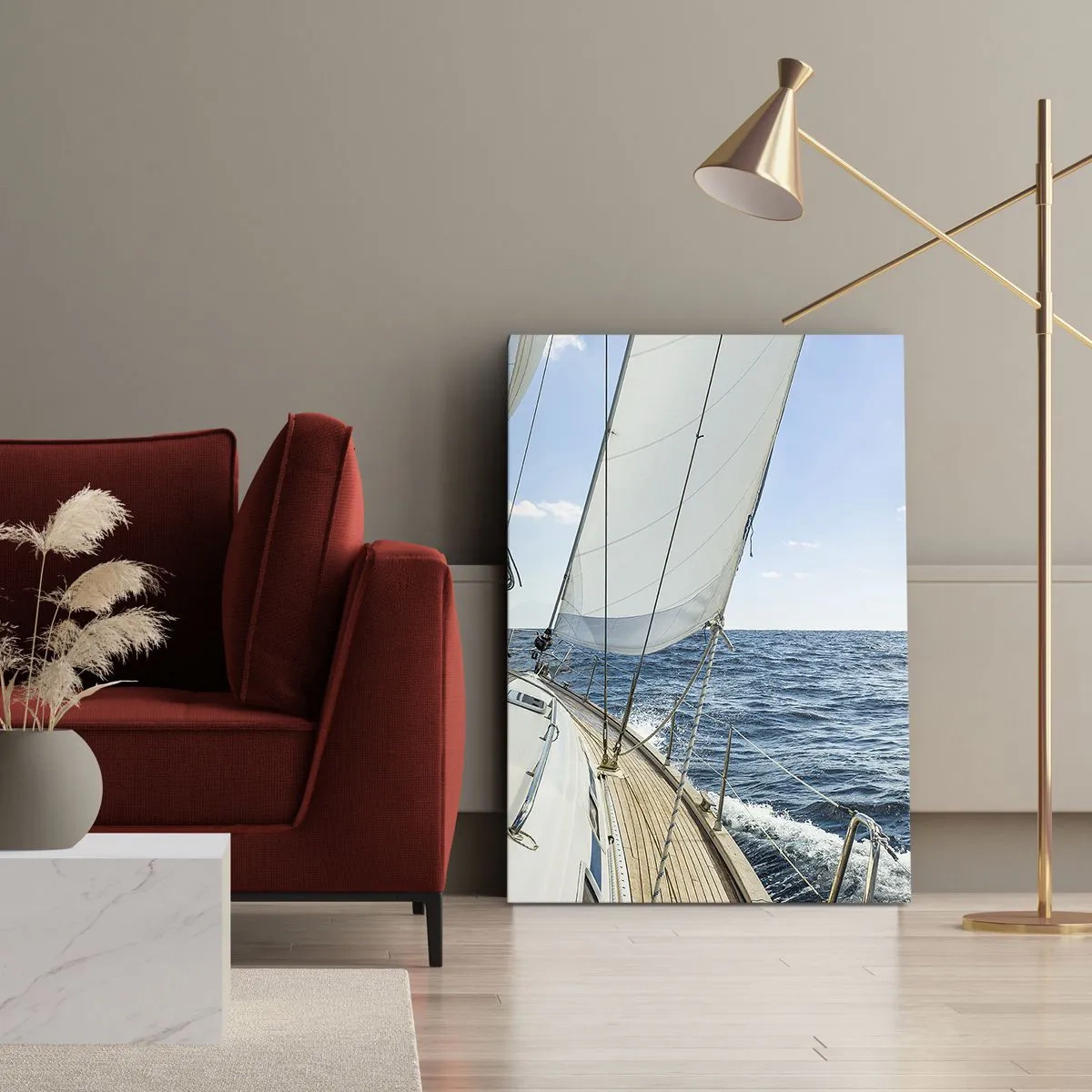 Impression sur toile - Image sur toile - Un voilier sur une mer calme sous un ciel bleu - 50x70cm - Ohé, l'aventure - Décoration murale moderne pour le salon et la chambre ARTTOR