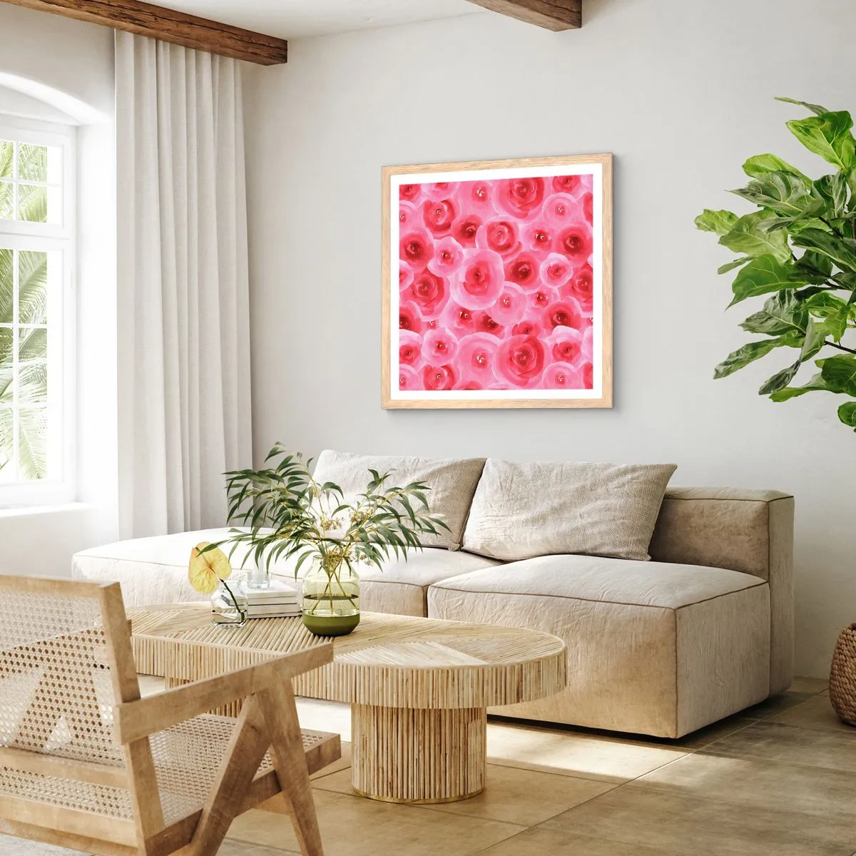 Affiche dans un chêne clair - Poster - Roses en-haut et en-bas - 30x30 cm