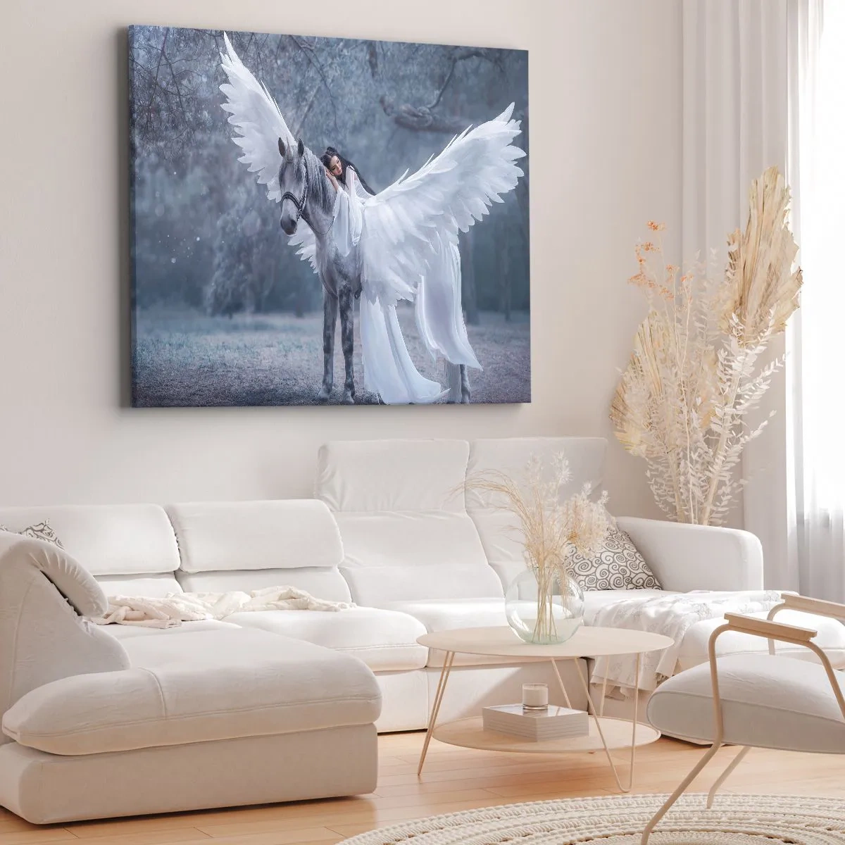 Impression sur toile - Image sur toile - Une femme sur un cheval blanc avec des ailes dans une forêt magique - 120x80cm - Un moment inspiré - Décoration murale moderne pour le salon et la chambre ARTTOR