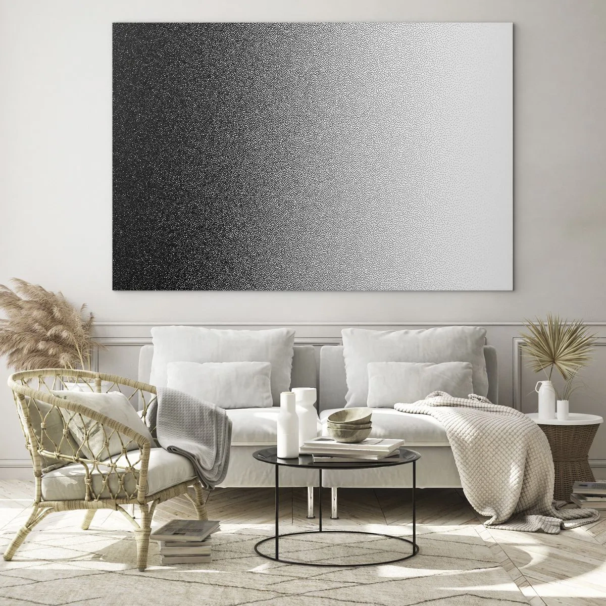 Impression sur verre - Image sur verre - Dégradé noir et blanc avec effets granuleux et lumineux - 120x80cm - Du coté de la lumière - Décoration murale moderne pour le salon et la chambre ARTTOR