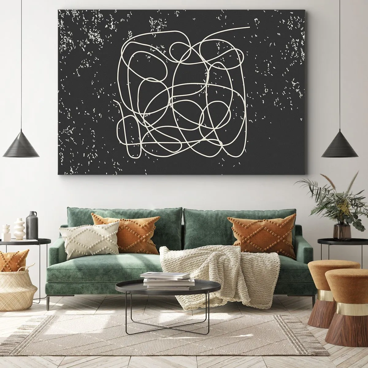 Impression sur toile - Image sur toile - Ligne abstraite sur fond noir avec des détails fins - 70x50cm - Errance des pensées - Décoration murale moderne pour le salon et la chambre ARTTOR