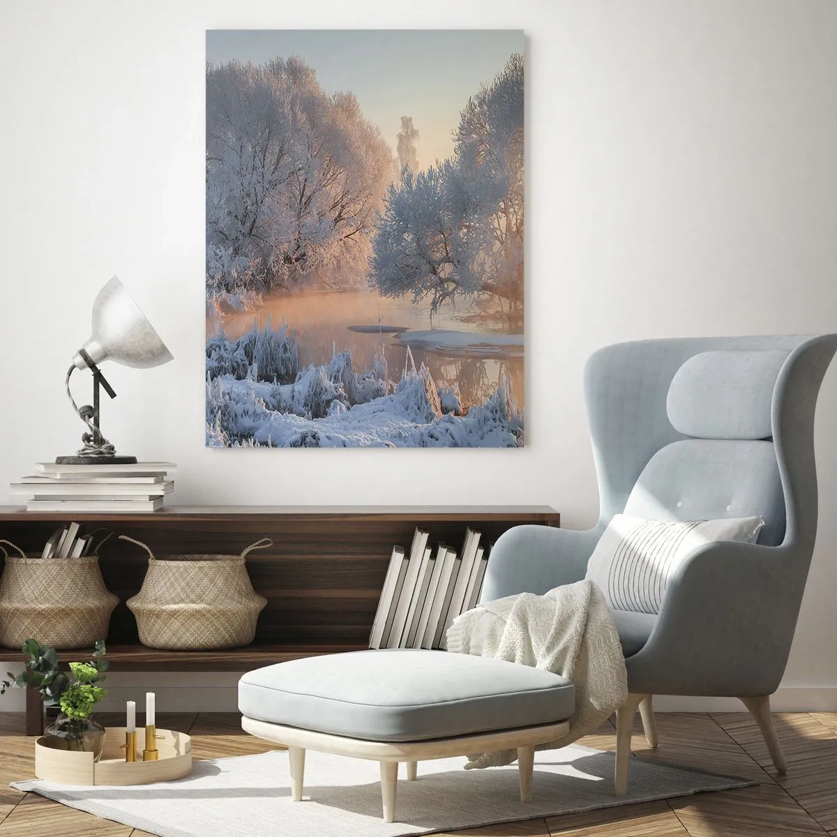 Impression sur verre - Image sur verre - Paysage d'hiver avec un lac gelé et un brouillard matinal - 50x70cm - Tout dans le soleil brille en cristal - Décoration murale moderne pour le salon et la chambre ARTTOR