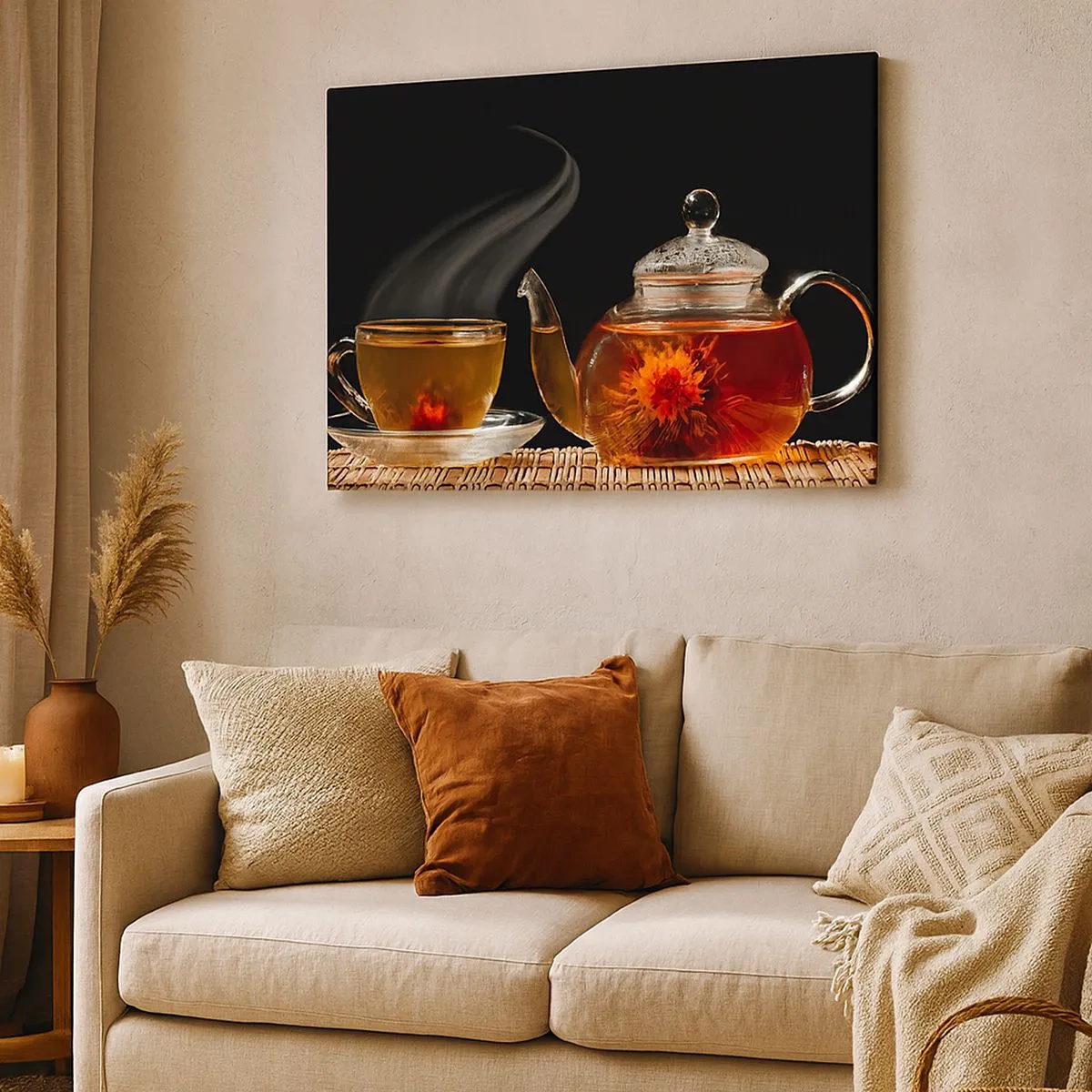 Impression sur toile - Image sur toile - Théière en verre avec thé aux fleurs et une tasse - 70x50cm - La magie et l'art de l'infusion du thé - Décoration murale moderne pour le salon et la chambre ARTTOR