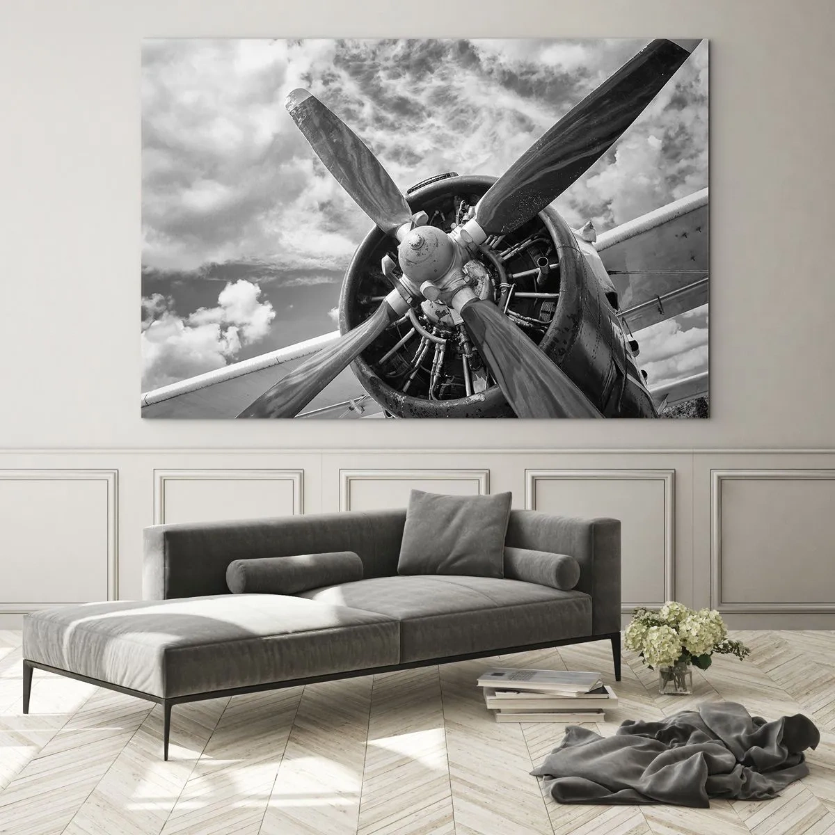 Impression sur verre - Image sur verre - Gros plan d'une hélice d'avion en noir et blanc. - 70x50cm - Dompteur de ciel - Décoration murale moderne pour le salon et la chambre ARTTOR
