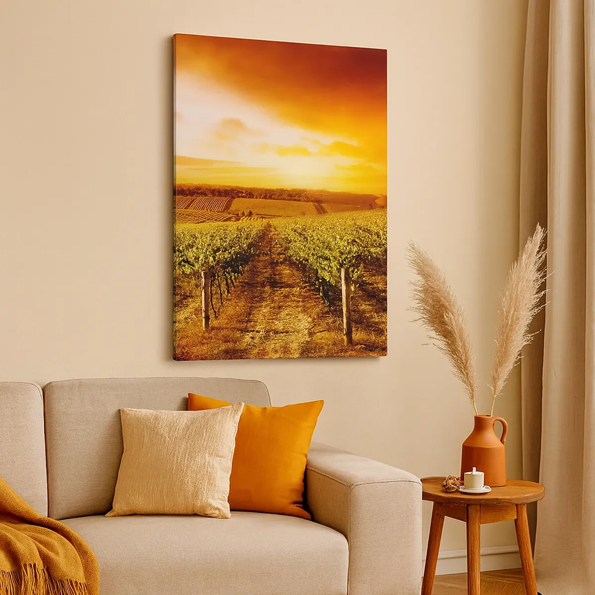 Impression sur toile - Image sur toile - Vignoble au coucher du soleil avec des tons de ciel chauds - 50x70cm - Légèrement fruité avec une pointe de soleil - Décoration murale moderne pour le salon et la chambre ARTTOR