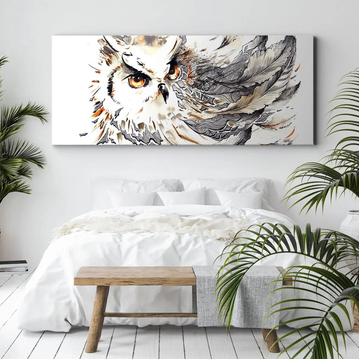 Impression sur toile - Image sur toile - Un hibou aux plumes mystiques sous forme d'aquarelle artistique - 120x50cm - Elle vient du monde de la magie - Décoration murale moderne pour le salon et la chambre ARTTOR