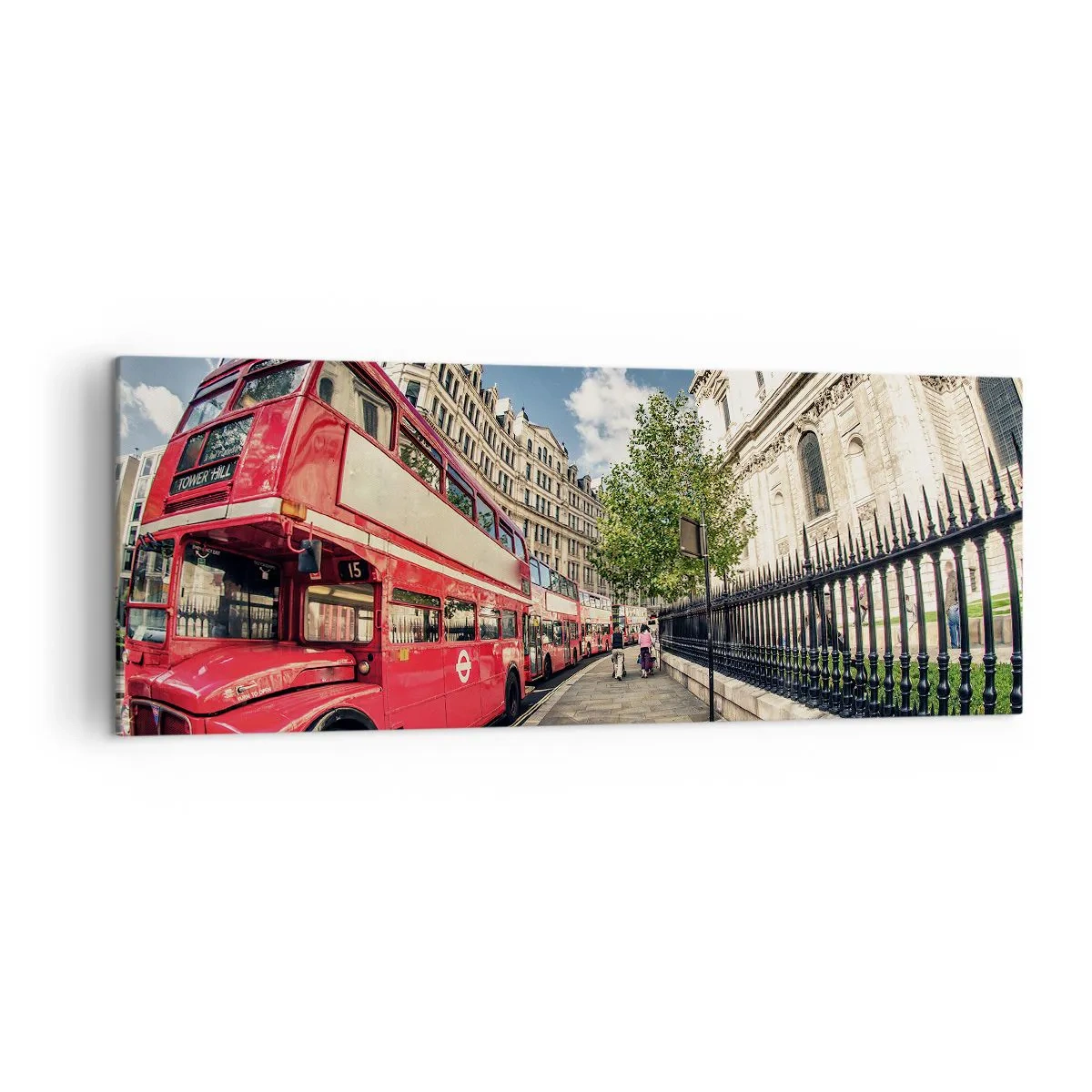 Impression sur toile - Image sur toile - Bus rouge à impériale à Londres près de la rue et de la cathédrale - 140x50cm - Rue de Londres en gris et rouge - Décoration murale moderne pour le salon et la chambre ARTTOR
