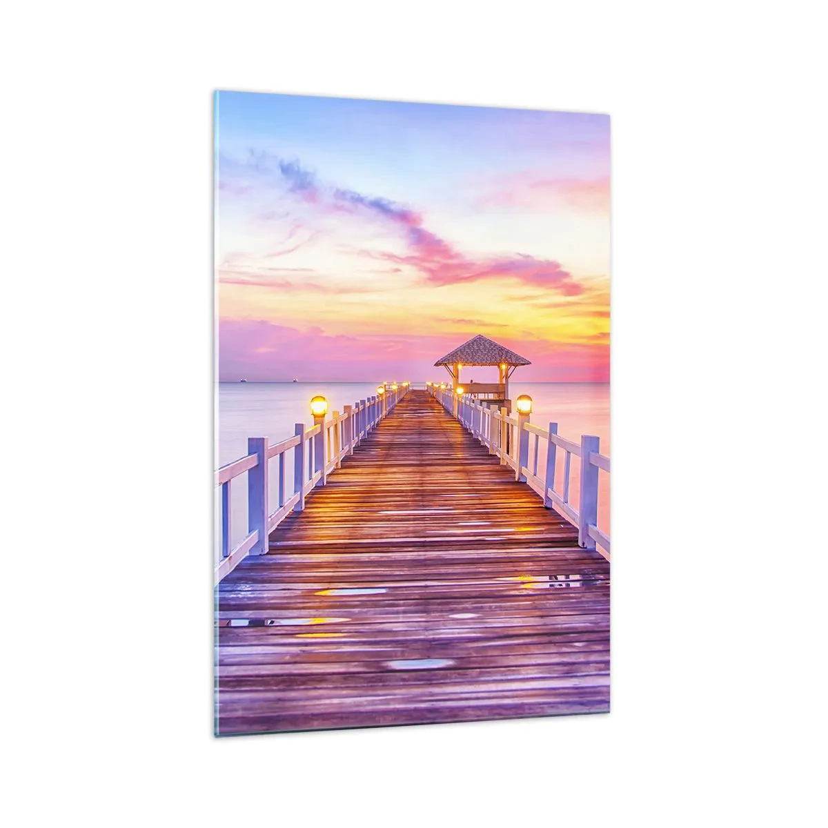Impression sur verre - Image sur verre - Une jetée sur l'eau au coucher du soleil aux couleurs pastel - 70x100cm - Le silence lilas-doré du soir - Décoration murale moderne pour le salon et la chambre ARTTOR