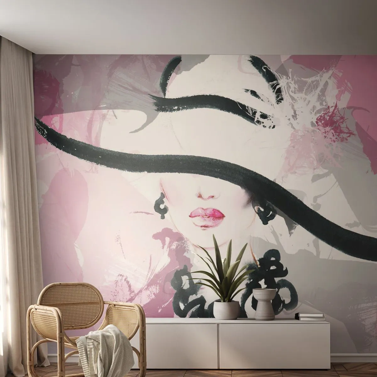 Papier Peint Autocollant Deluxe Sticker - Portrait d'une dame en noir et rose - Femme, Visage de femme, Abstraction - 500x350 cm