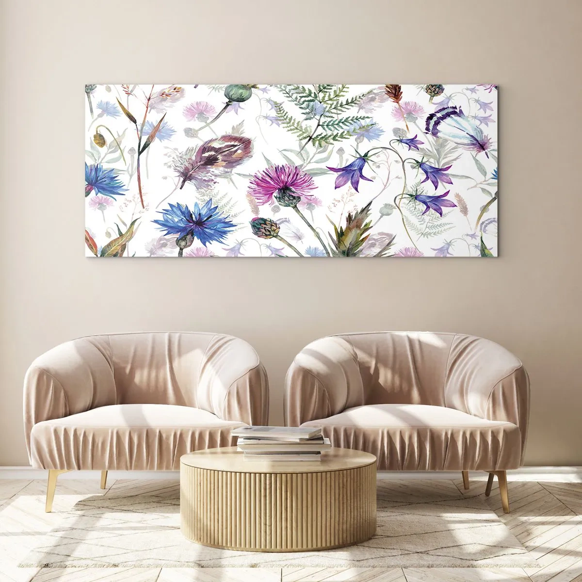 Impression sur verre - Image sur verre - Fleurs et herbes à l'aquarelle sur fond blanc dans le style herbier - 140x50cm - Herbier polonais - Décoration murale moderne pour le salon et la chambre ARTTOR